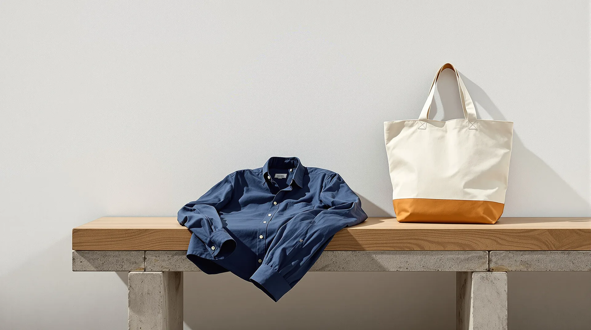 Chemise en lin, chino et cabas en toile posés sur un banc en béton devant un mur blanchi